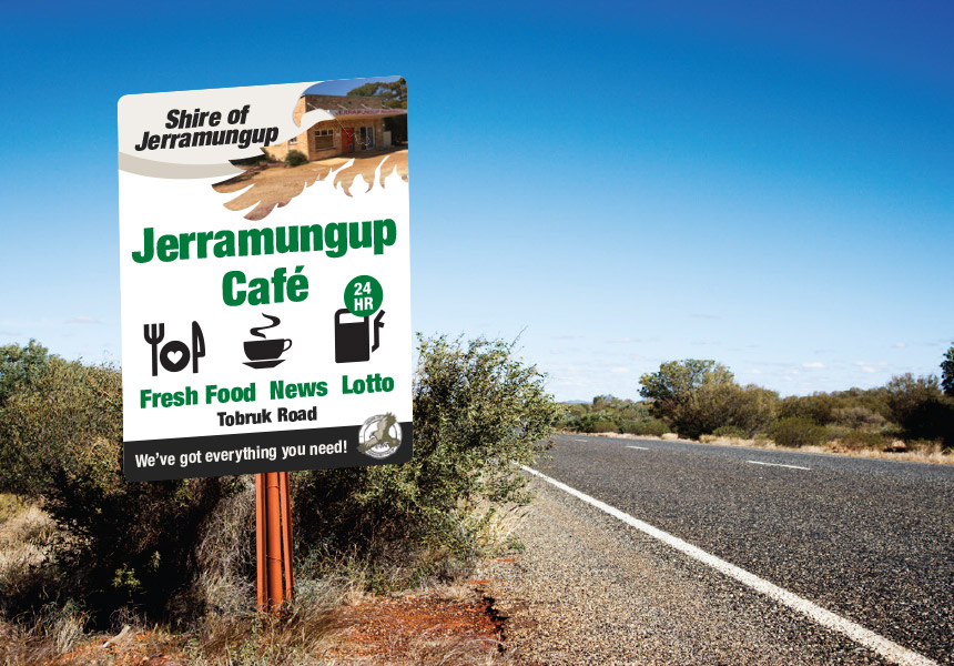 Roadside signage for Jerramungup Cafe, Western Australia.