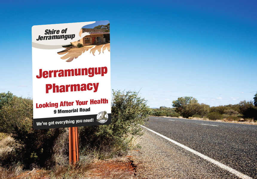 Roadside signage for Jerramungup Pharmacy, Western Australia.