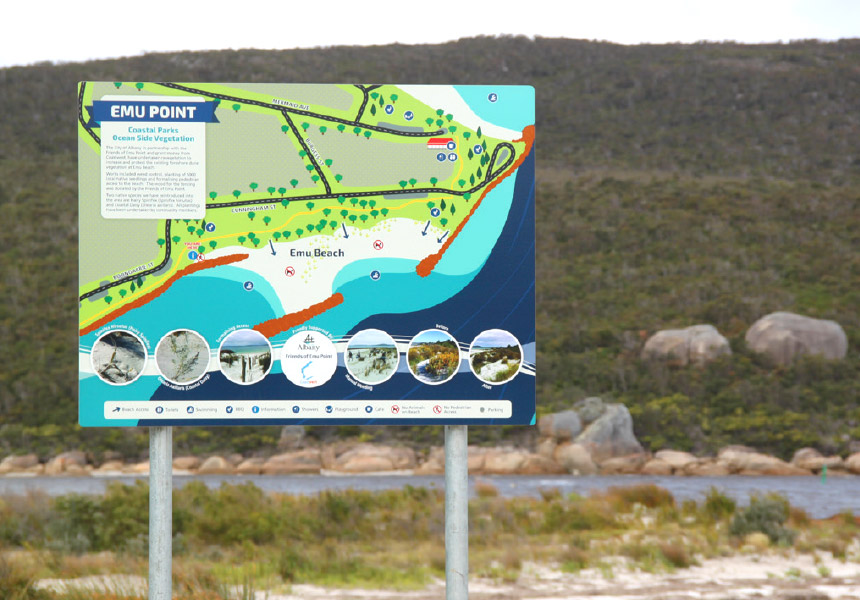 Sign for Emu Point Coastal Parks Ocean Side Vegetation, Albany, Western Australia.