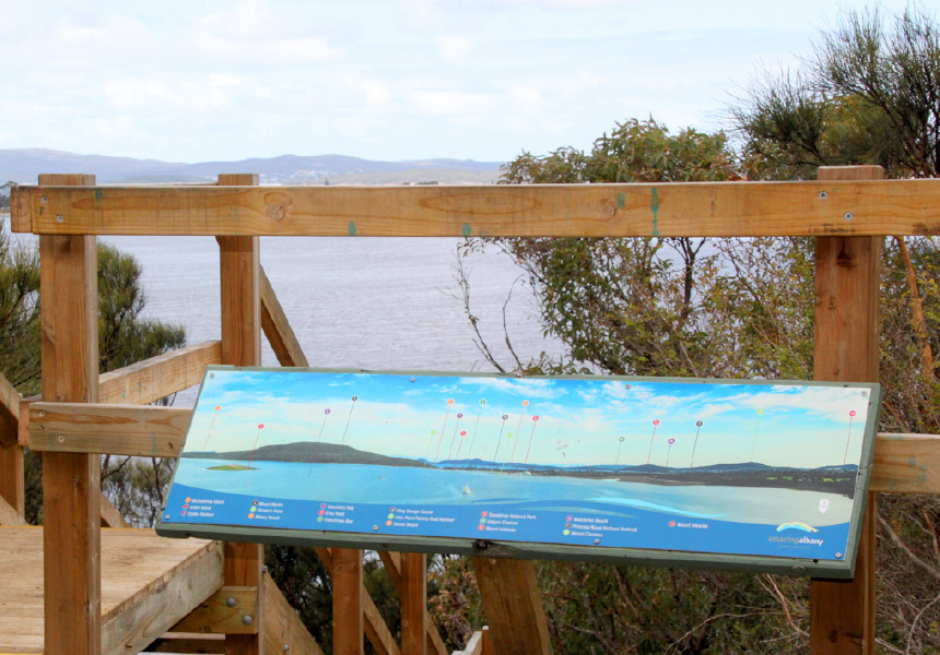 Lookout signage for Oyster Harbour and surrounding places of interest, Albany WA.