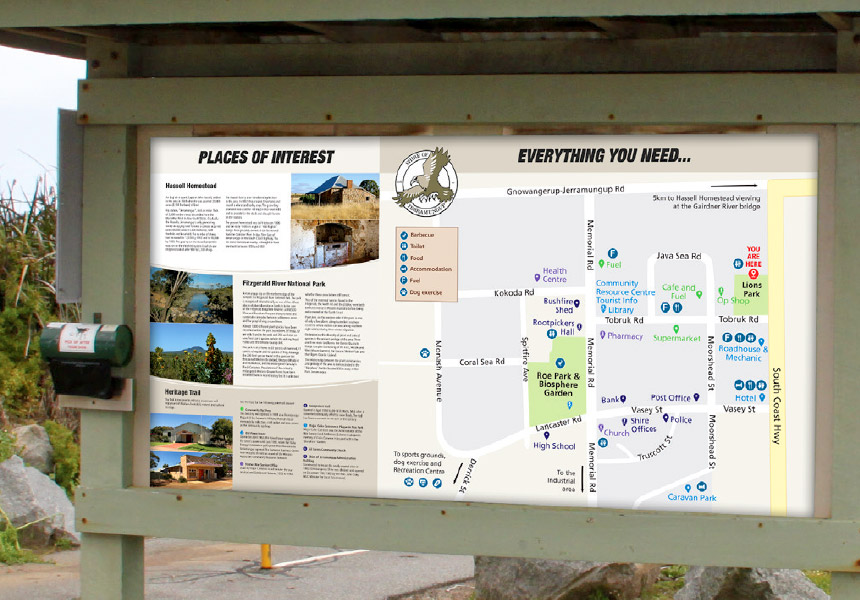 Information sign for Jerramungup, with map of town and places of interest, WA.