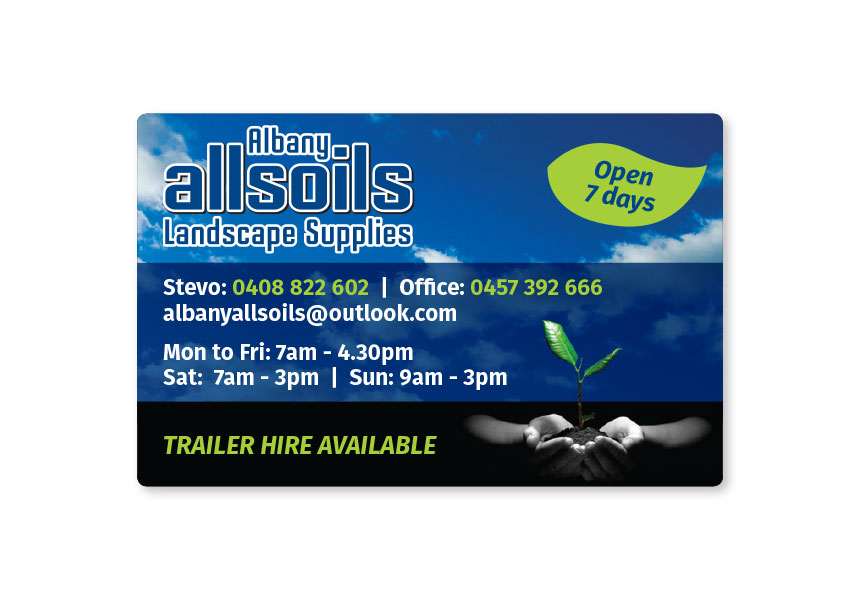 Allsoils landscape supplies, business card for the team in Albany, WA.