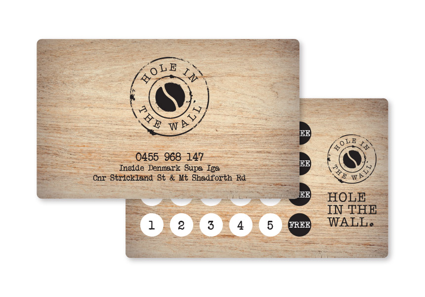 Hole in the Wall, business card design and printing for Denmark coffee card.