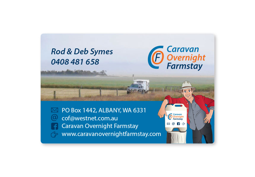 Caravan Overnight Farmstay, business card layout and printing for farmstay accomodation, based in Albany.