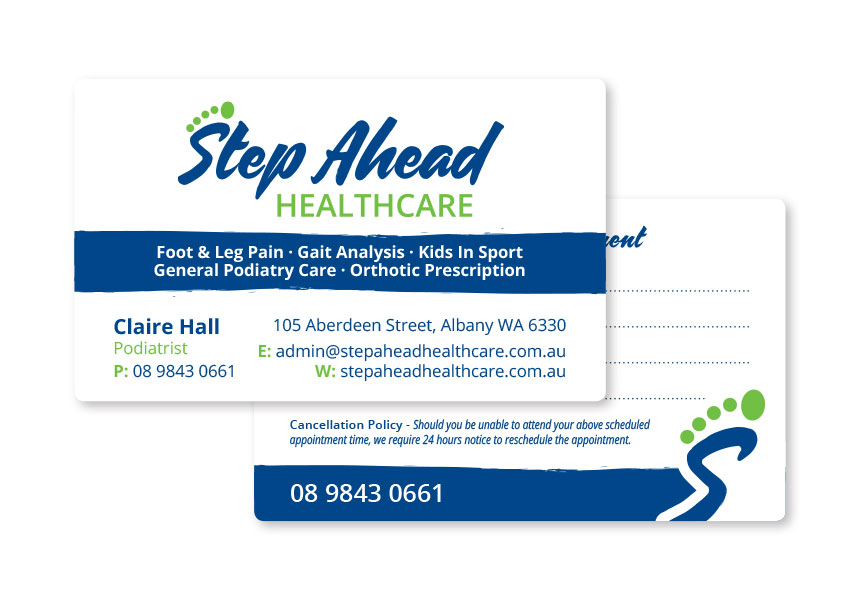 Step Ahead Healthcare, business card layout and printing for healthcare provider in Albany, WA.