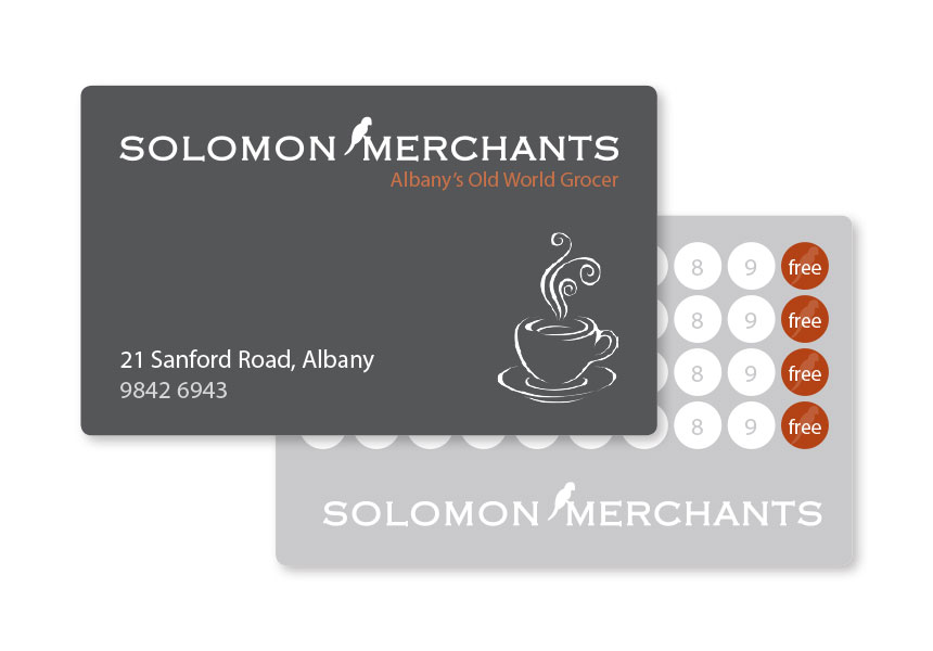 Solomon Merchants, layout and printing of business card for a grocer in Albany, WA.