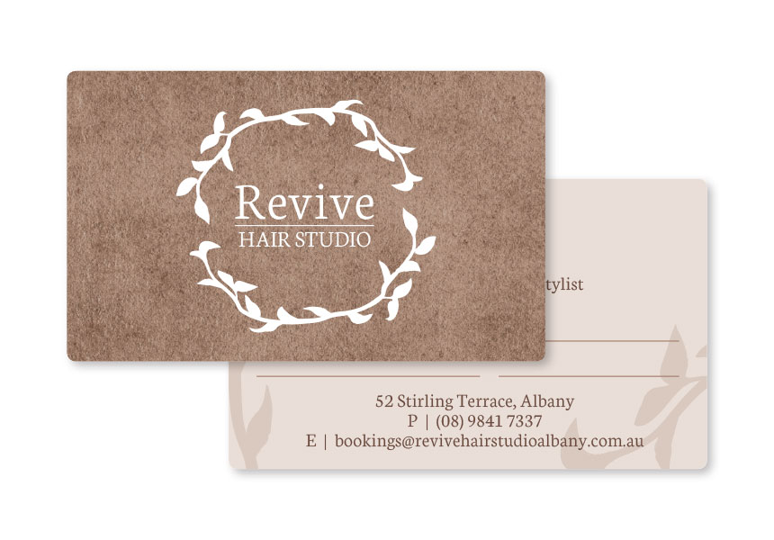 Revive Hair Studio, design and printing of business card, local hair salon in Albany, WA.