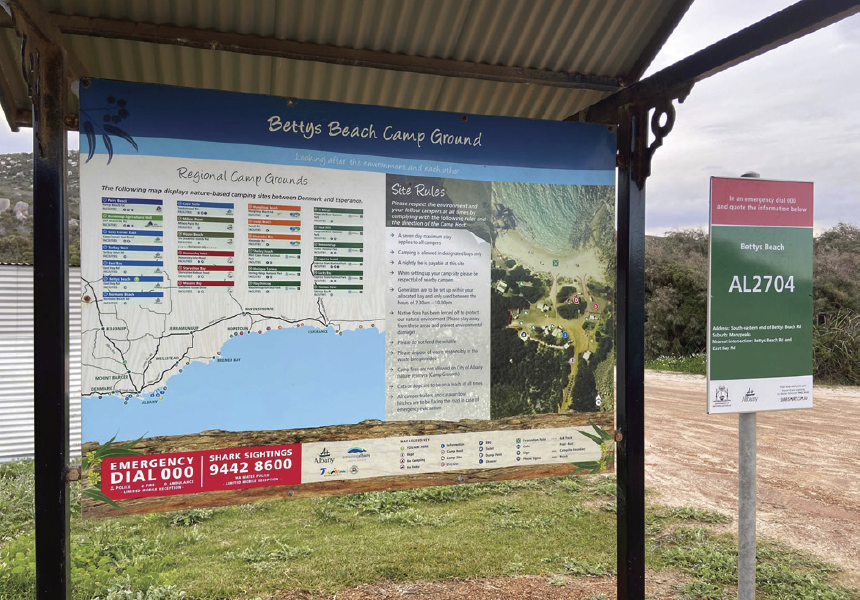 Camp Ground signage for Betty's Beach, information about rules, fees, other camp grounds and map with utilities overview, project for City of Albany, Western Australia.