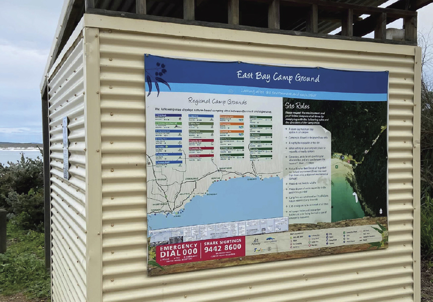 Camp Ground signage for East Bay, information about rules, fees, other camp grounds and map with utilities overview, project for City of Albany, Western Australia.